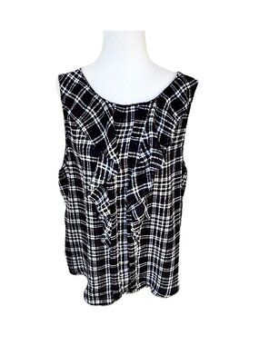Elle Black And White Plaid Ruffle Front Sleeveless Blouse Top Women XL